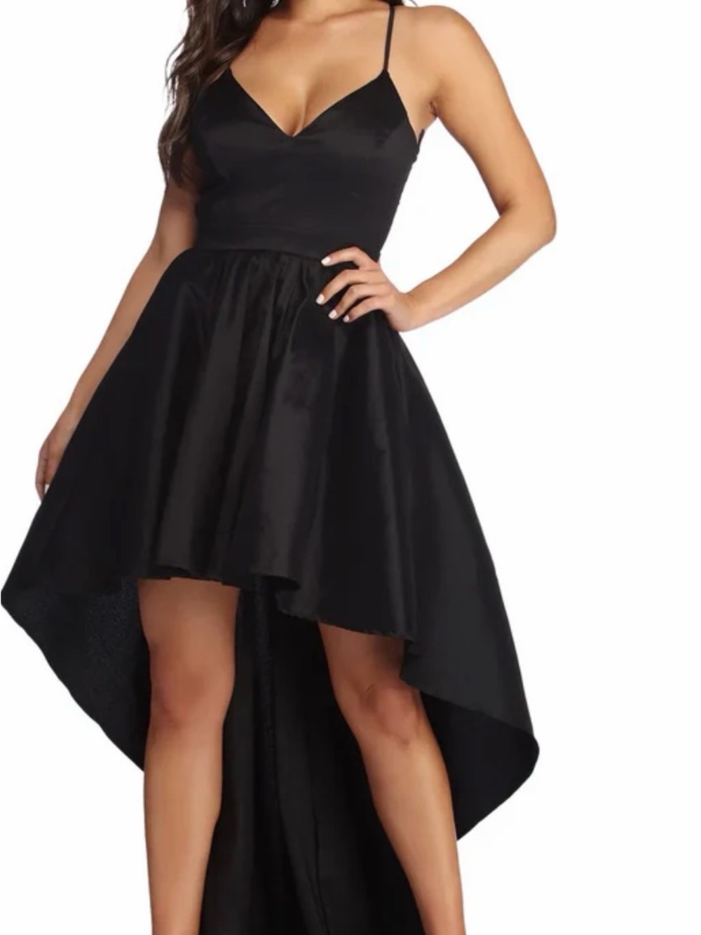 glam Black Satin High-Low Spaghetti Strap Dress